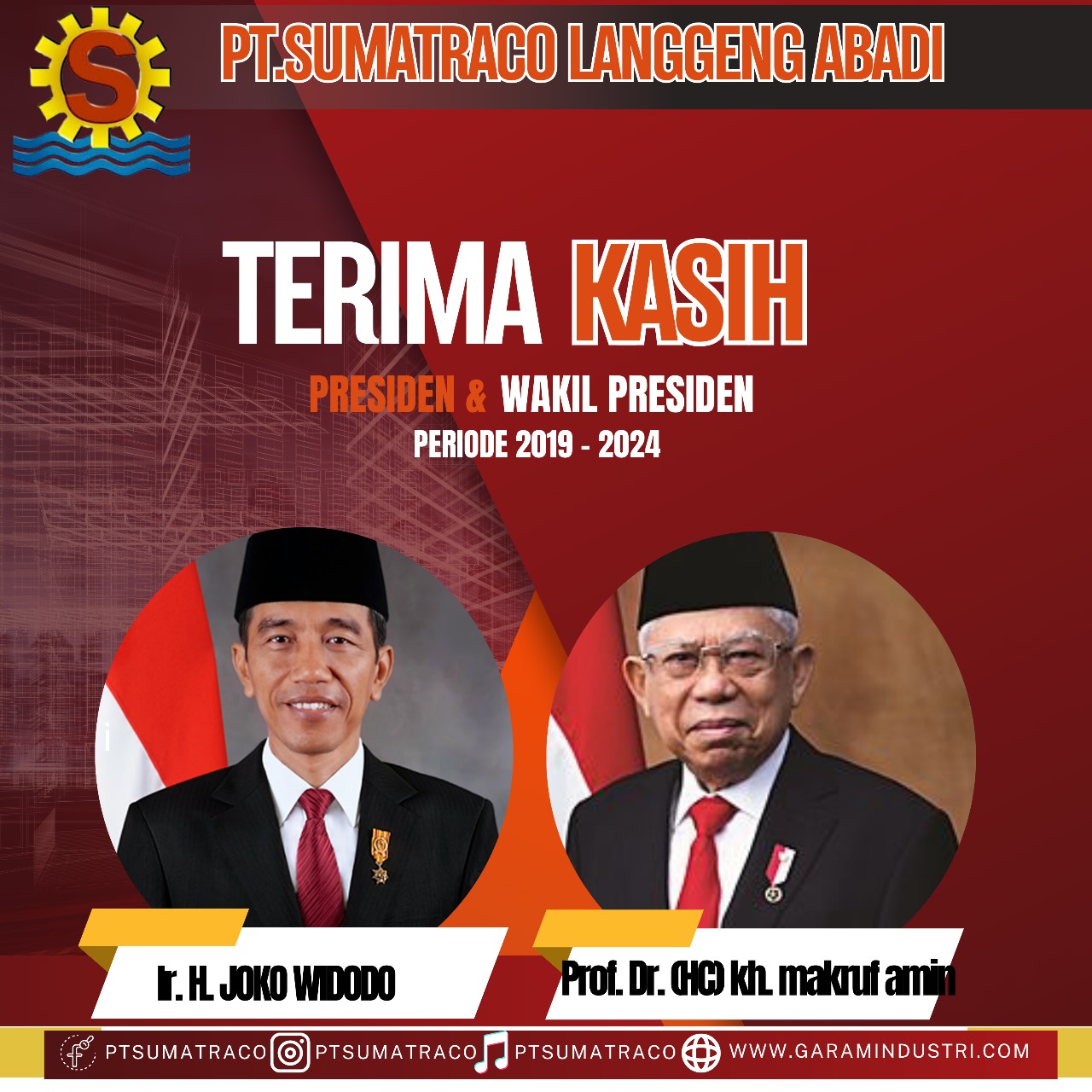 *PT SUMATRACO LANGGENG ABADI UCAPKAN TERIMA KASIH KEPADA PRESIDEN JOKO WIDODO DAN WAKIL PRESIDEN MA'RUF AMIN ATAS KEBIJAKAN YANG MENDORONG KEMAJUAN INDUSTRI*